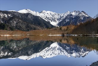 Snow-covered mountains at a lake