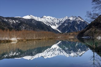 Snow-covered mountains at a lake