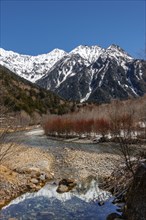 Snow-covered mountains on a river