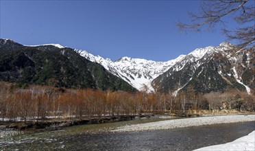 Snow-covered mountains on a river