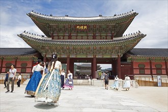 Visitors in traditional dress in the Royal Palace Gyeongbokgung