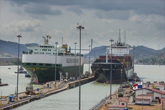 Cargo boats passing the Miraflores locks