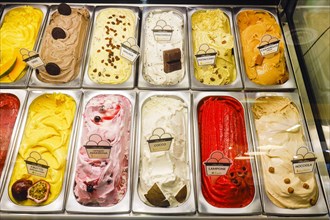 Italian ice cream in the refrigerated counter of an ice cream parlour