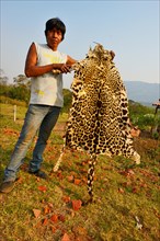 Amerindian farmer showing the skin of a jaguar