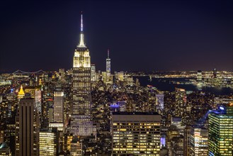 View of Midtown and Downtown Manhattan and Empire State Building from Top of the Rock Observation Center at Night