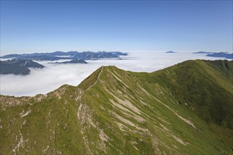 View from Fellhorn to Nebel in Kleinwalsertal with summit Schlappoldkopf