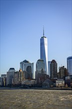 View from Pier 1 over the East River to the skyline of Manhattan with Freedom Tower or One World Trade Center