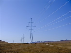 Power line through the Mongolian steppe