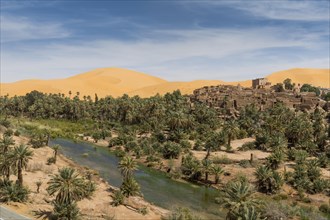 Overlook over the oasis of Taghit with sand dunes