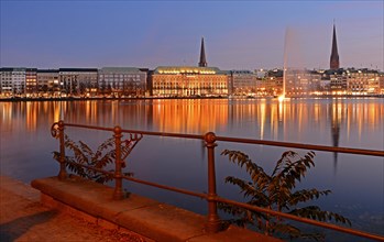 Inner Alster Lake with Alster fountain at the blue hour