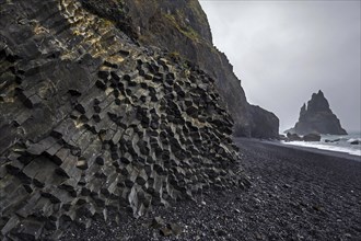Basalt columns and rock needles at the black lava beach Reynisfjara