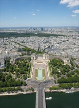 View from the Eiffel Tower to the Jardins du Trocadero with bridge Pont d'Iena and river Seine