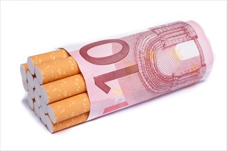 Cigarettes surrounded with a 10EUR note