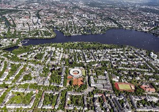 Rotherbaum district with tennis stadium on the Aussenalster