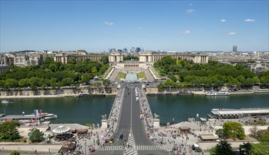 View from the Eiffel Tower to the Jardins du Trocadero with bridge Pont d'Iena and river Seine