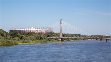 Narodowy Stadium or National Stadium and Åšwietokrzyski Bridge over the Vistula River