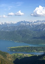 View from Herzogstand to Walchensee with Lake Walchensee