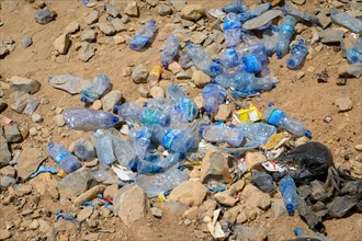 Large amount of plastic water bottles littered in the Danakil Depression