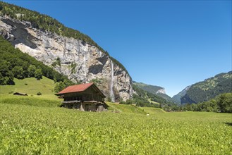 Mountain landscape in the Lauterbrunnen Valley with the Staubbach Falls