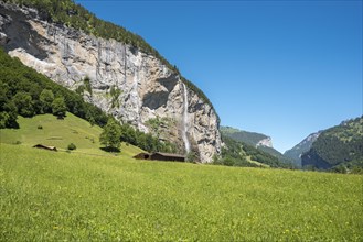 Mountain landscape in the Lauterbrunnen Valley with Staubbach Falls