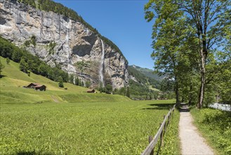 Mountain landscape in the Lauterbrunnen Valley with Staubbach Falls