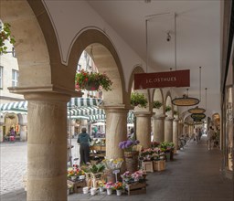 Sales stand with flowers under the arcades at Prinzipalmarkt