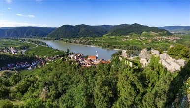 View from the ruins of Duernstein to Duernstein Monastery with the Danube