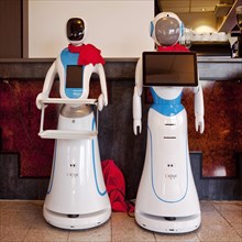 Two catering service robots in a Chinese restaurant