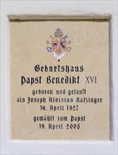 Memorial plaque at the birthplace of Pope Benedict XVI