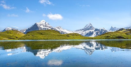 Summits Schreckhorn and Finsteraarhorn are reflected in the Bachalpsee