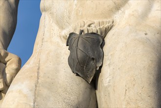 Close-up of fig leaf covering athlete statue at Stadio dei Marmi