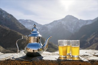 Moroccan mint tea and kettle in High Atlas mountains