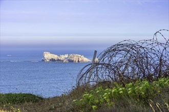 Barbed wire and view of small island in the sea