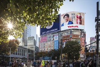 Tall buildings with advertising at the famous Shibuya intersection in Tokyo