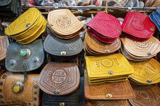 Colorful handmade leather bags at the market of Marrakech