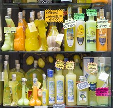 Limoncello liquor in souvenir bottles on display