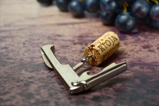 Corks with corkscrew and grapes