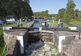People opening a lock for a narrowboat or canal boat on the Grand Union Canal