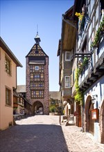Half-timbered houses in the old town with Dolder gate tower