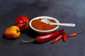 Chilli powder in shell and various chilli peppers