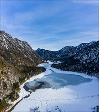 Aerial view of the snow-covered Weitsee and Loedensee