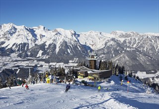 Ski area Planai with view to the mountain station and the Dachstein massif