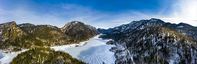 Aerial view of the snow-covered Weitsee and Loedensee