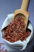 Red rice in bag with wooden shovel