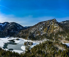 Aerial view of the snow-covered Weitsee and Loedensee