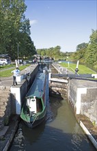 Narrowboat or canal boat passing through a lock on the Grand Union Canal