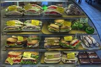 Offer of various sandwiches in a refrigerated display case