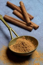 Cinnamon powder in brass ladle and cinnamon sticks