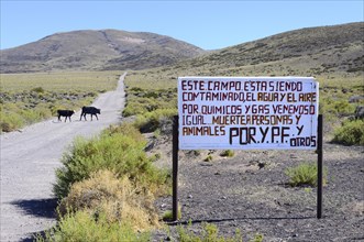 Protest sign against the oil company YPF on the side of the Ruta 40