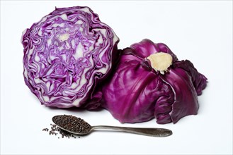Red cabbage seeds in spoon and red cabbage